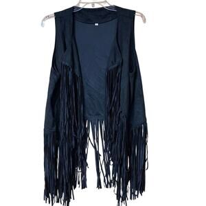 🖤 Black Fringe Faux Suede Western Vest – Size L